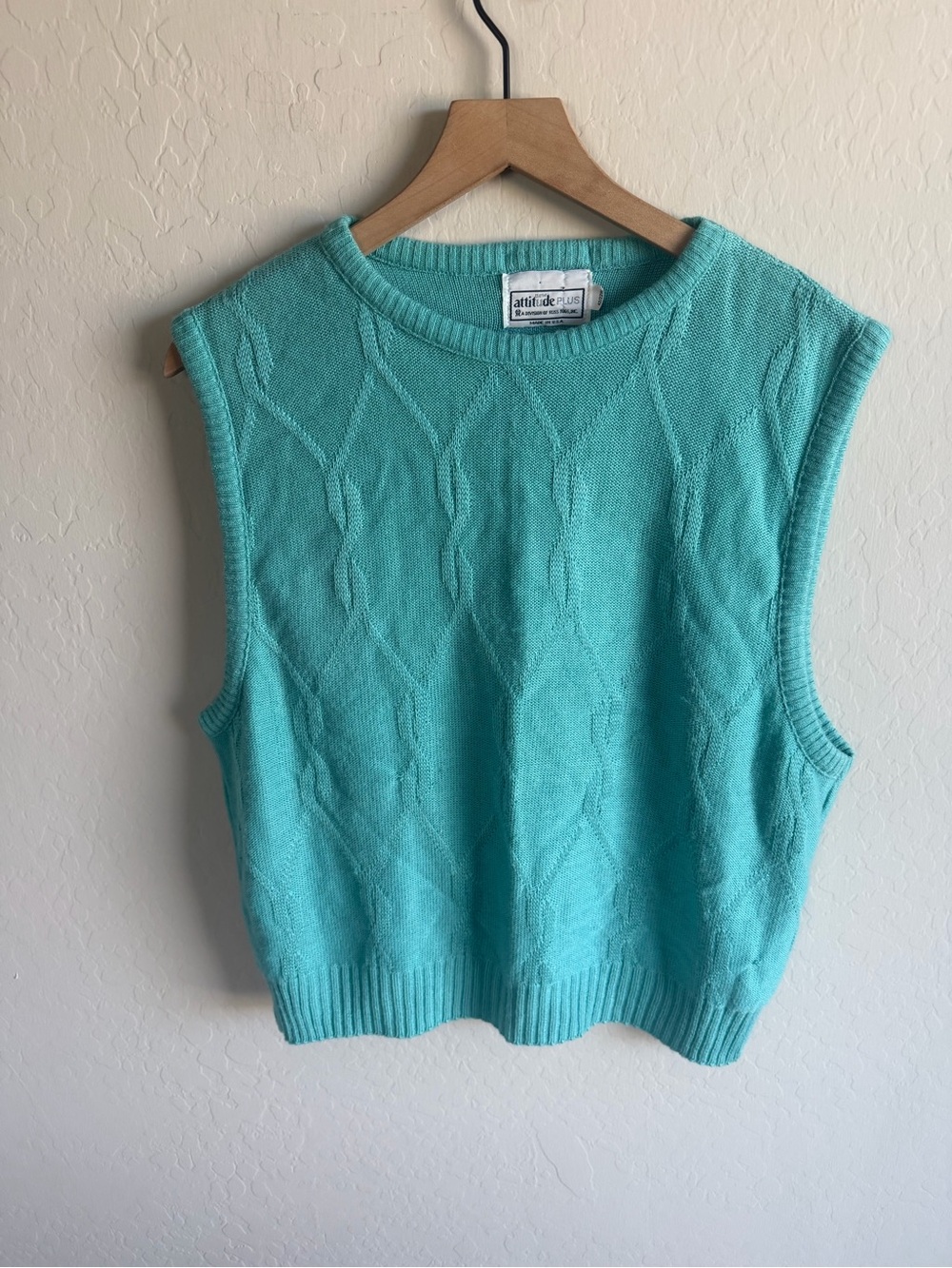 Vintage Turquoise Cable Knit Sleeveless Crewneck Sweater Vest 22 Grandpa Y2K